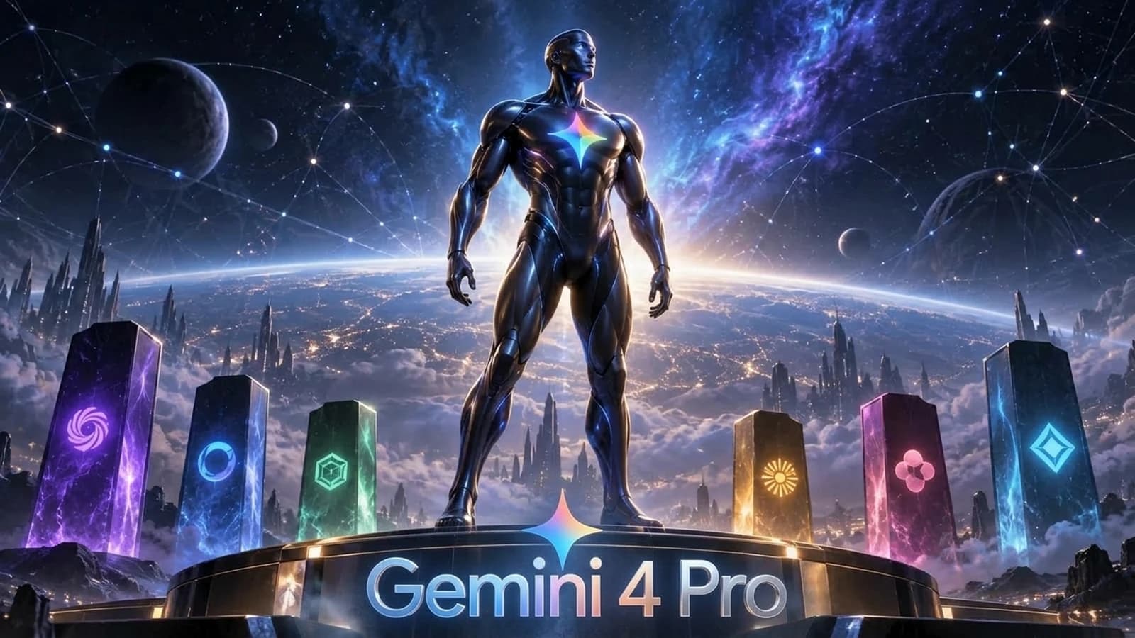 3D illustration of a powerful humanoid AI figure standing on a pedestal with the Gemini 4 Pro logo and emblem above competing model monoliths