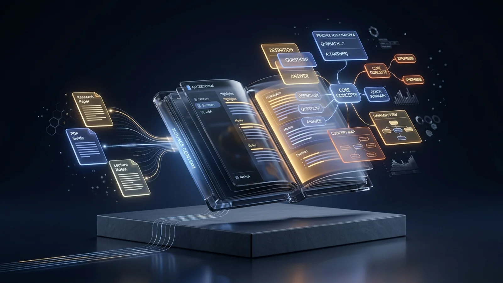 3D editorial illustration of Google NotebookLM study and revision workflow