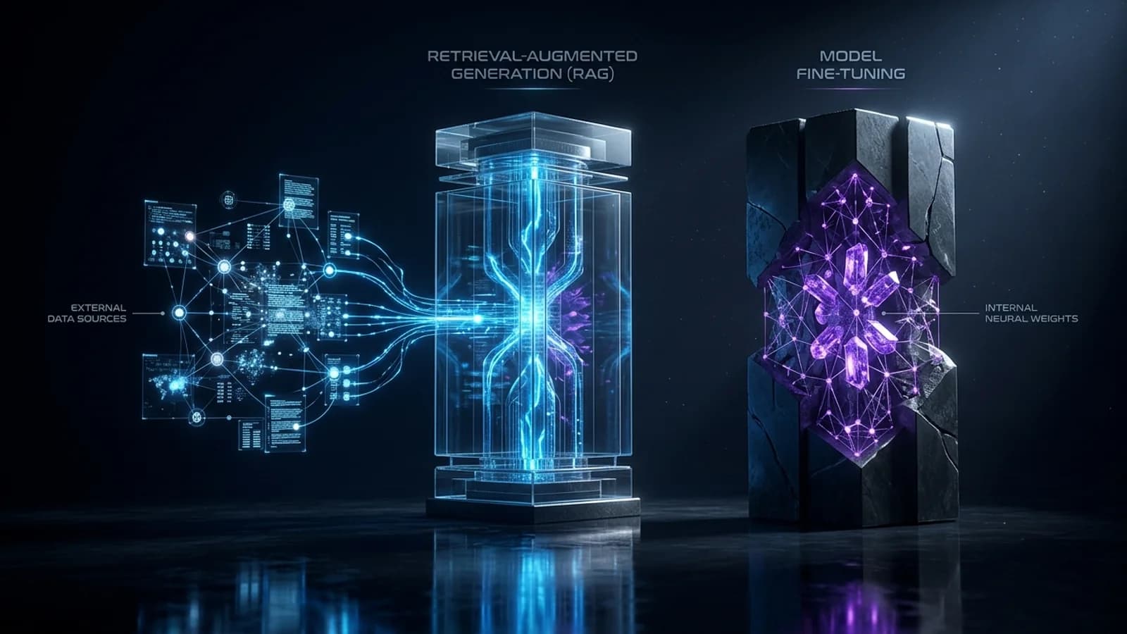 3D editorial illustration comparing RAG architecture versus model fine-tuning
