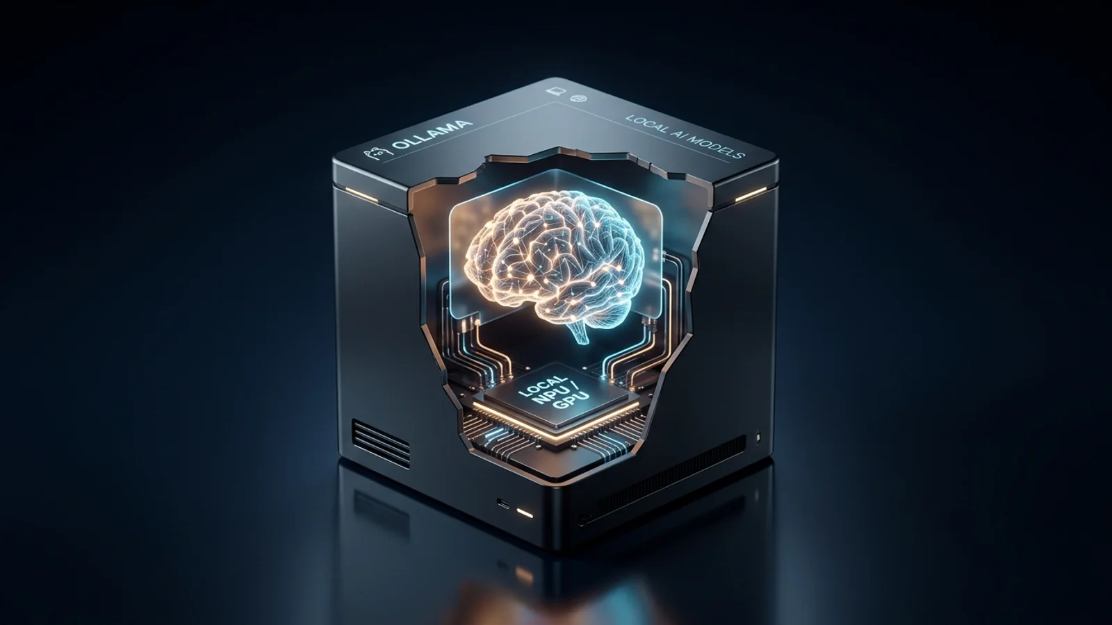 3D editorial illustration of running local AI models on personal hardware with Ollama